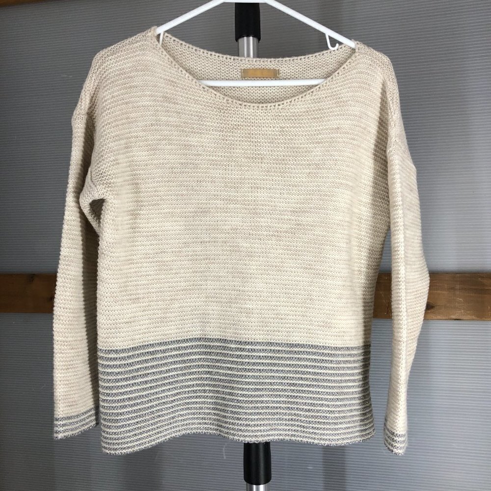 Bella Amore Italy Wool Alpaca Blend Cream Metallic Silver Knit Scoop Neck Sz S